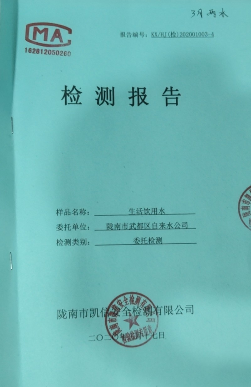 2020年3月17日武都城區(qū)飲用水檢測報告