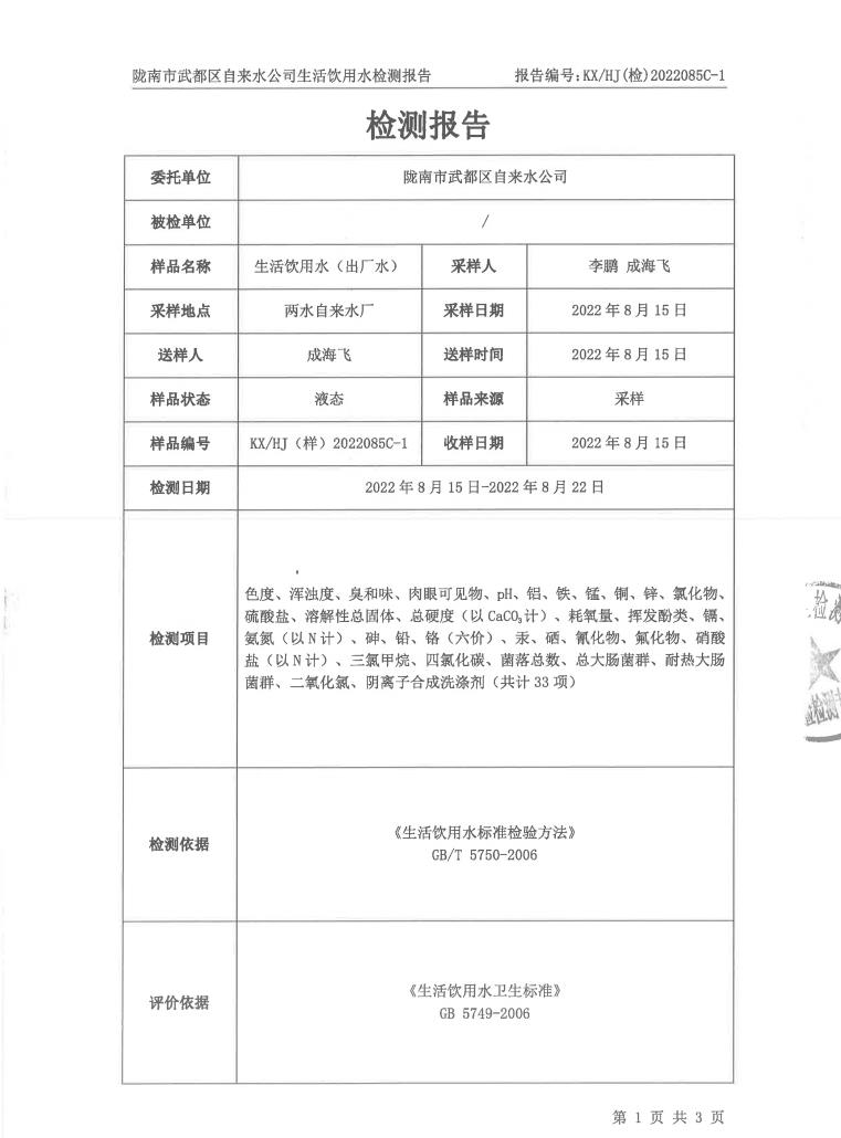 2022年8月25日武都城區(qū)飲用水檢測(cè)報(bào)告